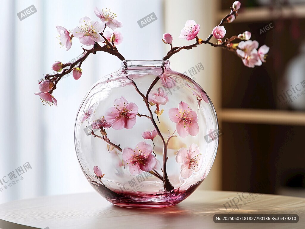 粉色樱花玻璃花瓶插花