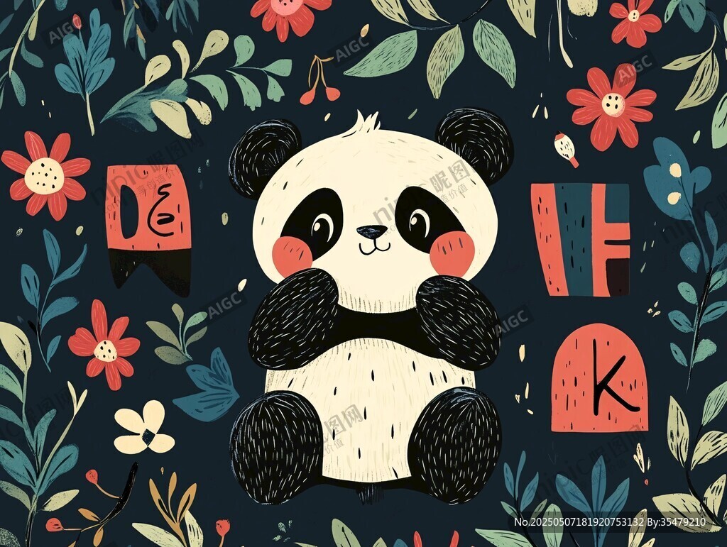 可爱熊猫置身缤纷花草间
