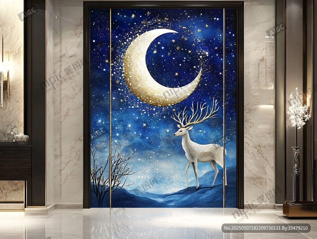 梦幻星空下的白鹿壁画