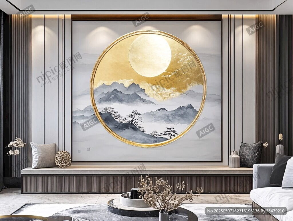 中式客厅的山水圆月壁画