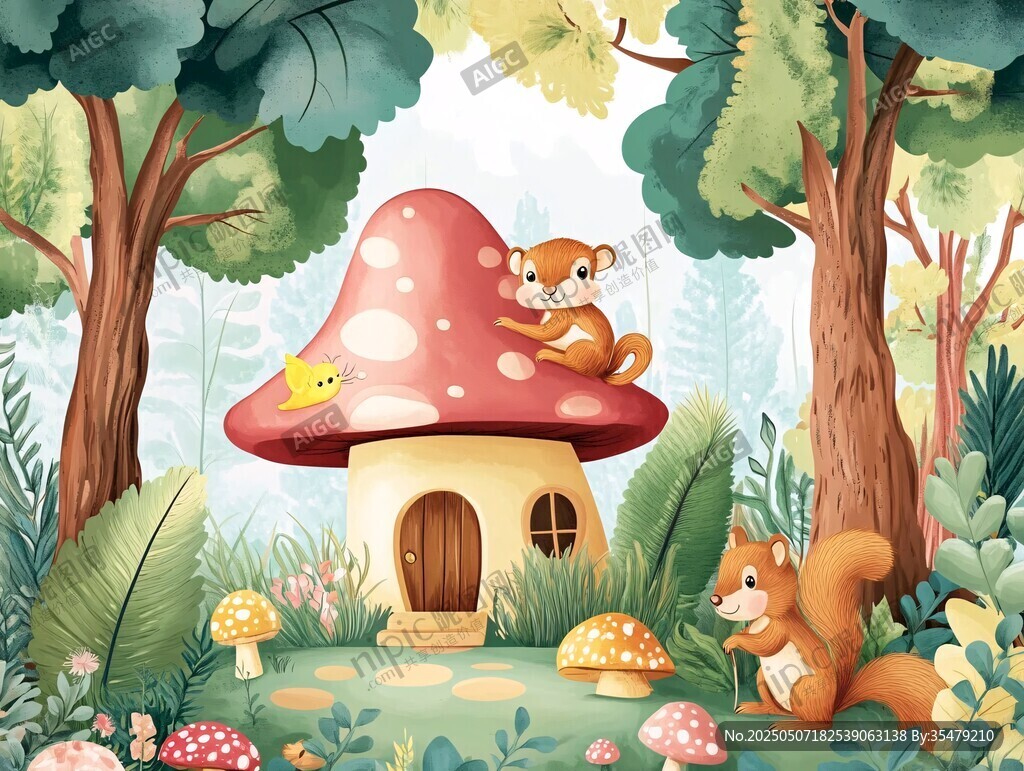 森林中的蘑菇小屋与松鼠