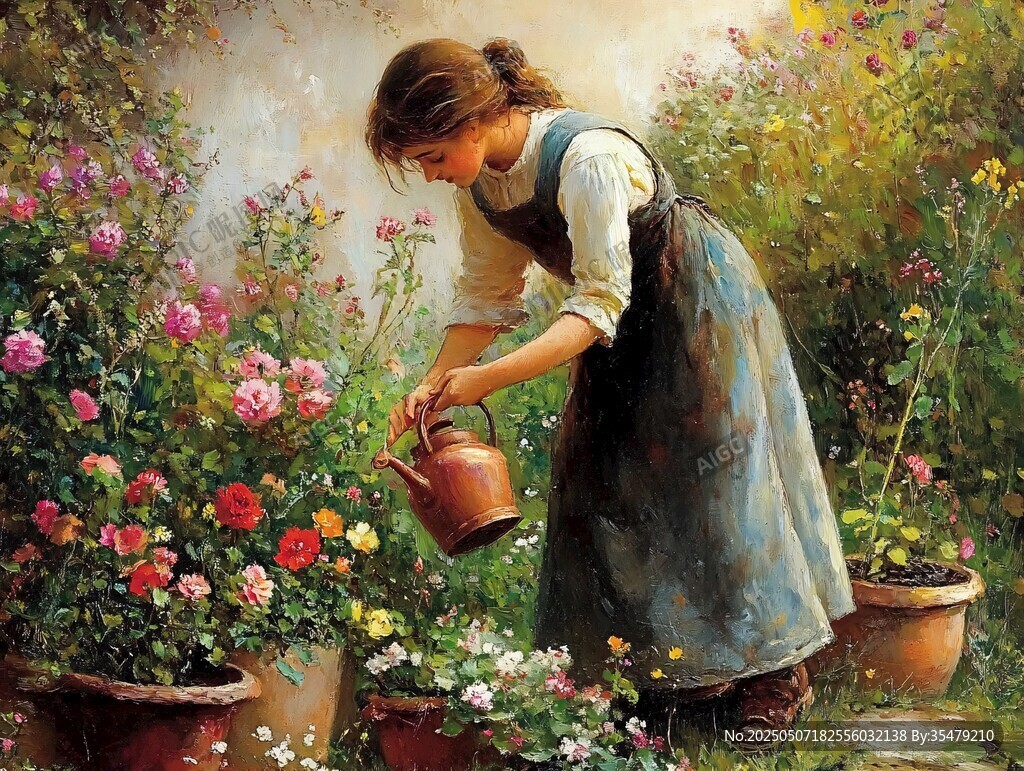 少女花园中专注浇花