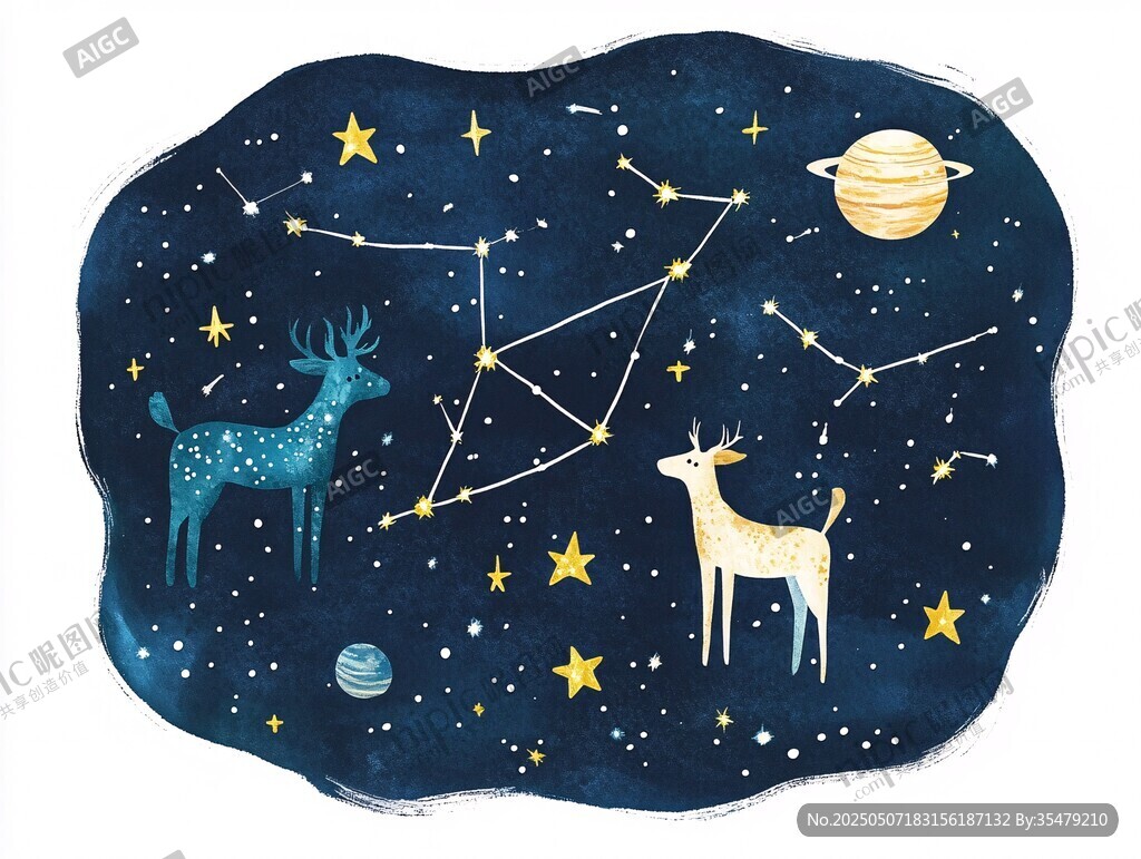 梦幻星空下的小鹿与星座