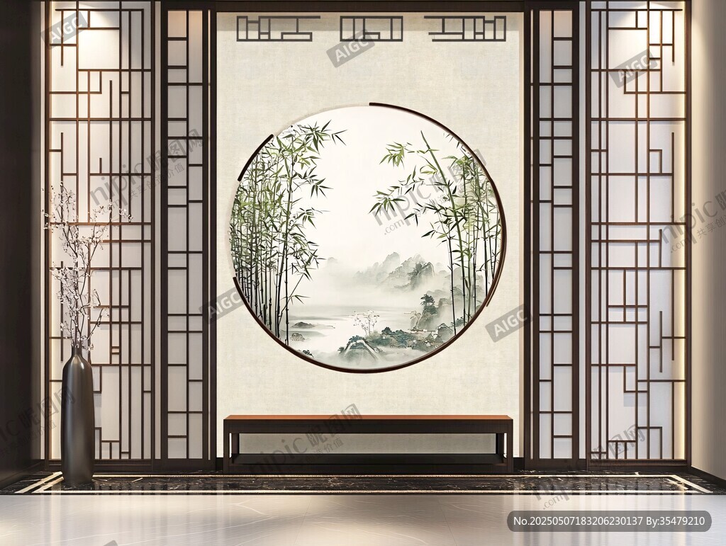 中式屏风上的清幽竹景图