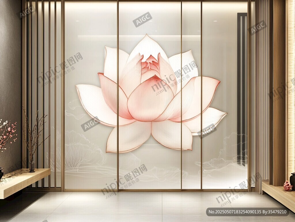 中式莲花玄关装饰背景墙