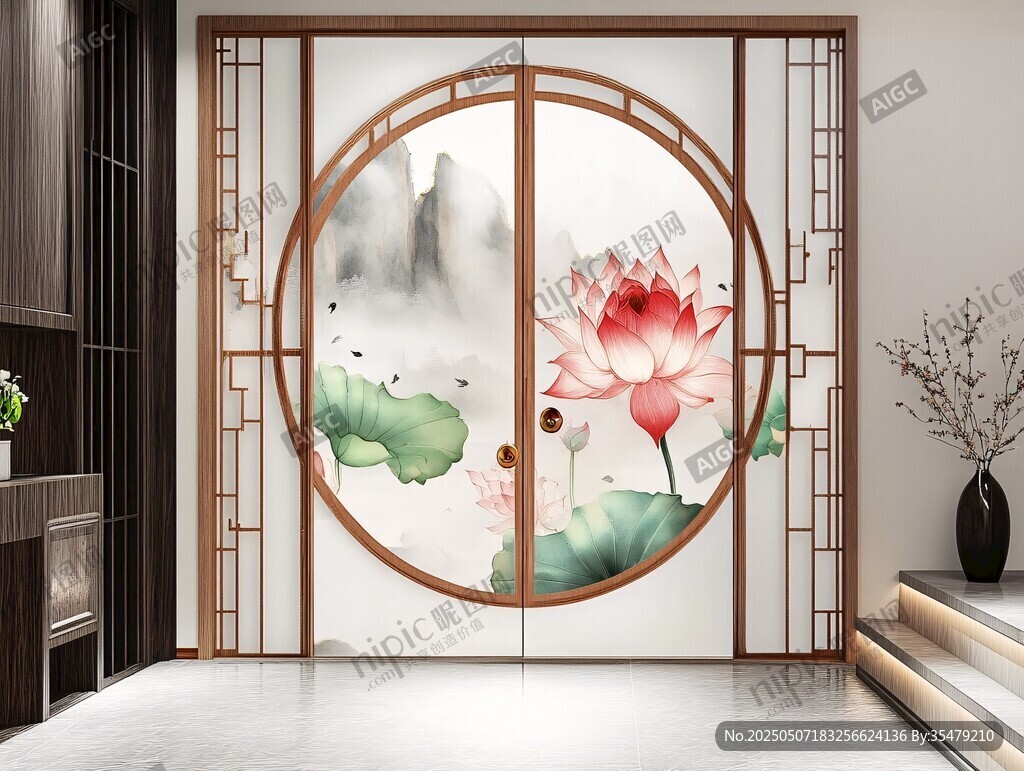 中式圆门荷花山水屏风