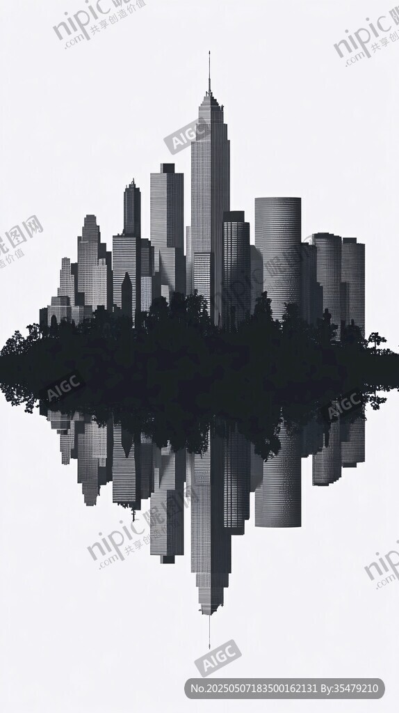 城市天际线黑白倒影景观