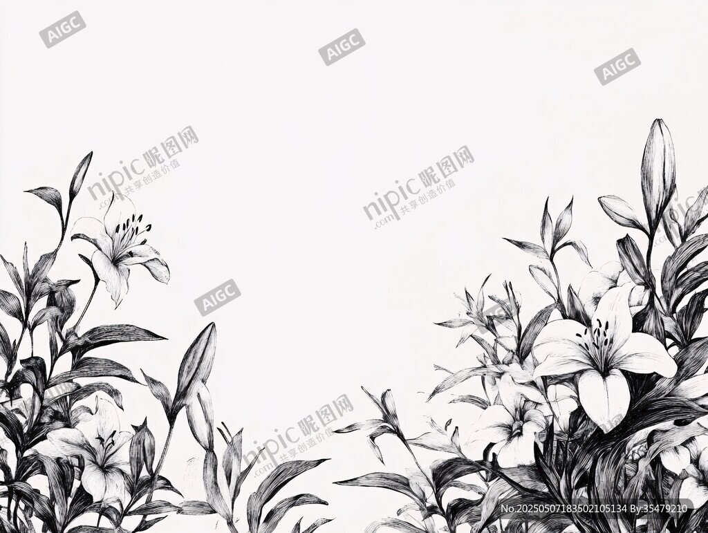 黑白手绘百合花花卉图案