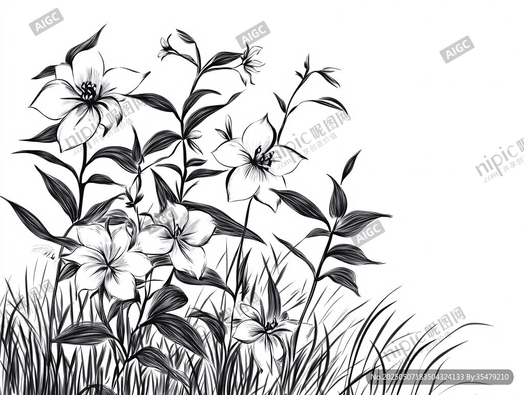 黑白花卉植物线条插画