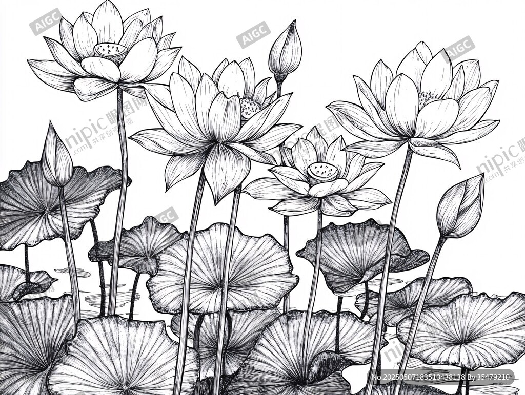 水墨风荷花线描图