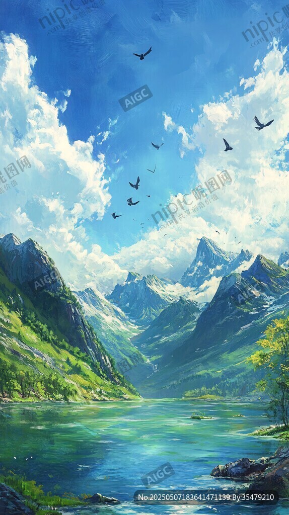 梦幻山水间飞鸟翱翔美景