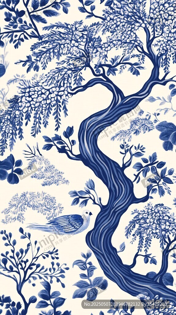蓝白中式花鸟树纹图案