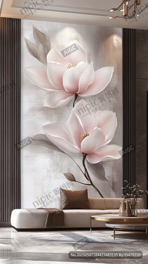 现代客厅中的玉兰花壁画