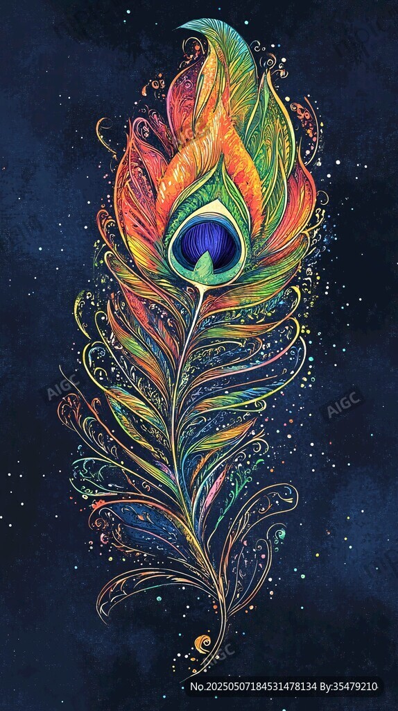 梦幻绚丽孔雀羽毛插画