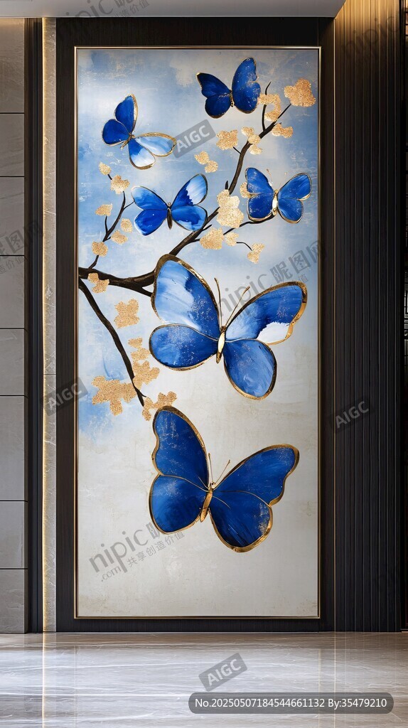 蓝蝶映花枝玄关装饰画