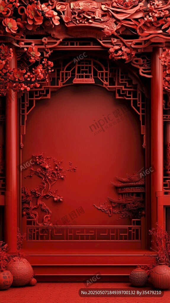 中式红韵古典雕花场景