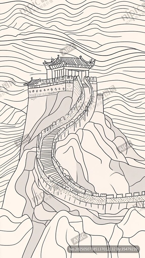 手绘长城盘踞山峦间
