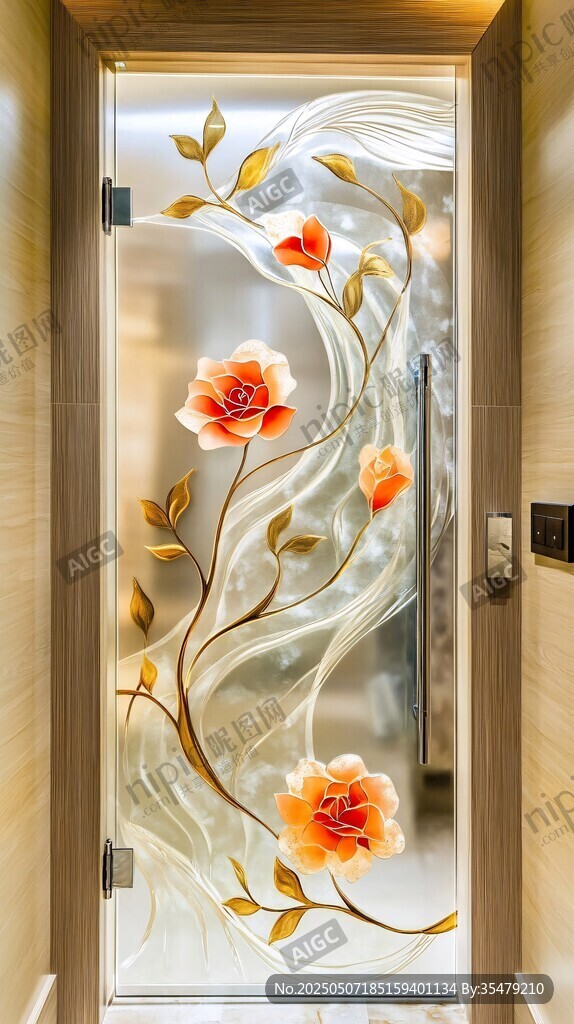 雕花玻璃门 精致花卉图案