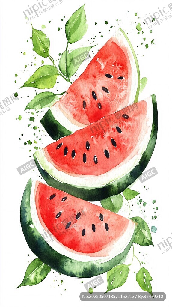水彩绘西瓜与绿叶插画