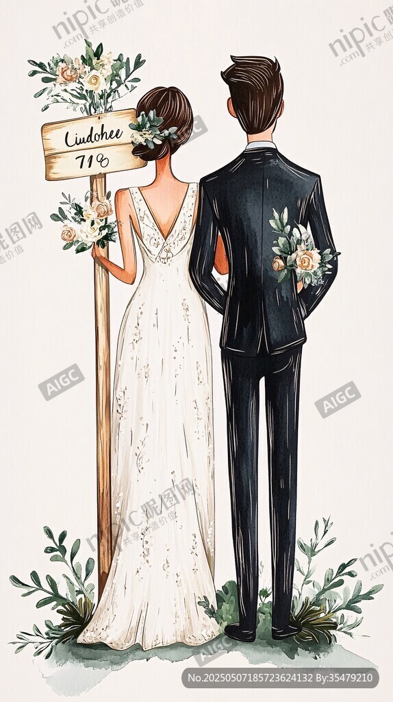 浪漫新婚夫妇携手立牌前