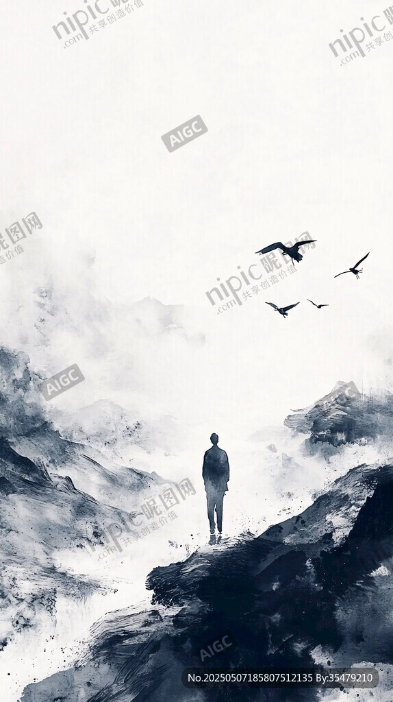 孤身立山巅 飞鸟伴云间