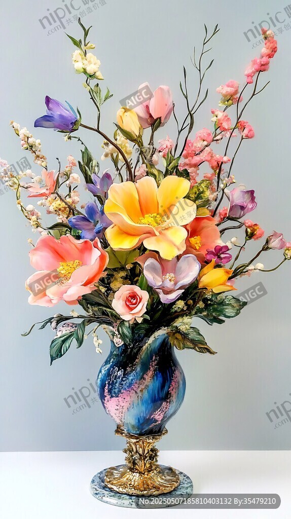 多彩花卉插于精美花瓶中