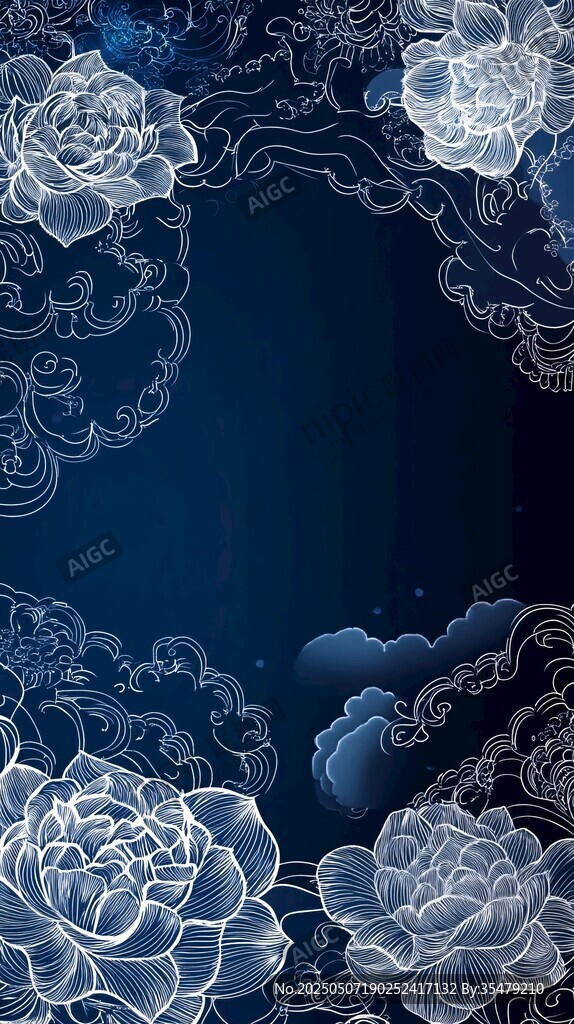 蓝底白牡丹云纹古风背景