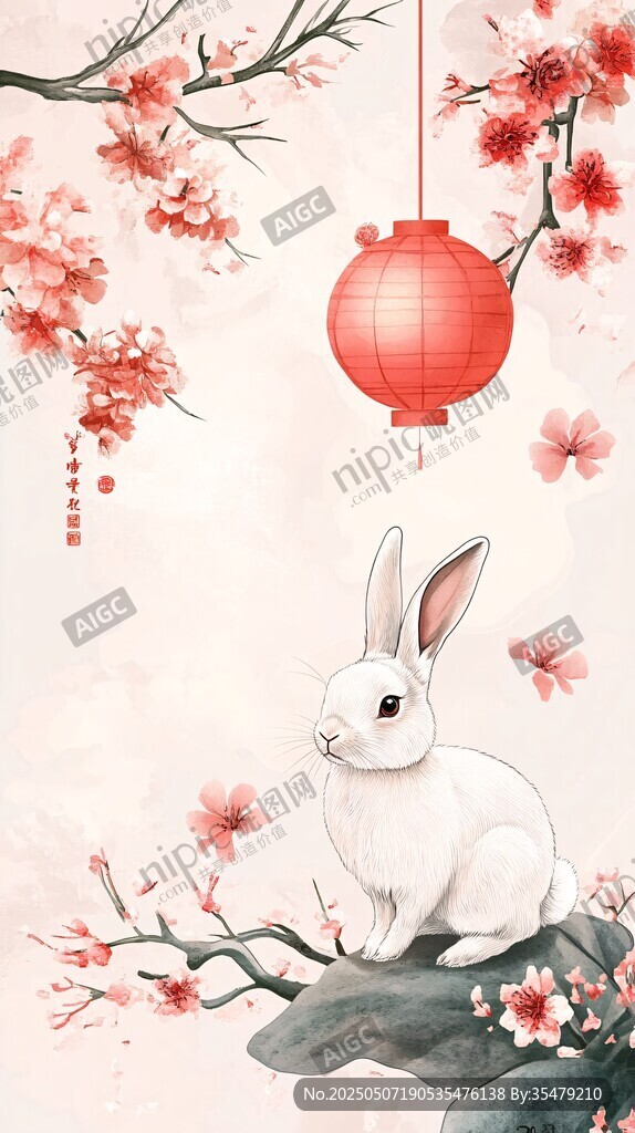 玉兔迎春 繁花红灯相伴
