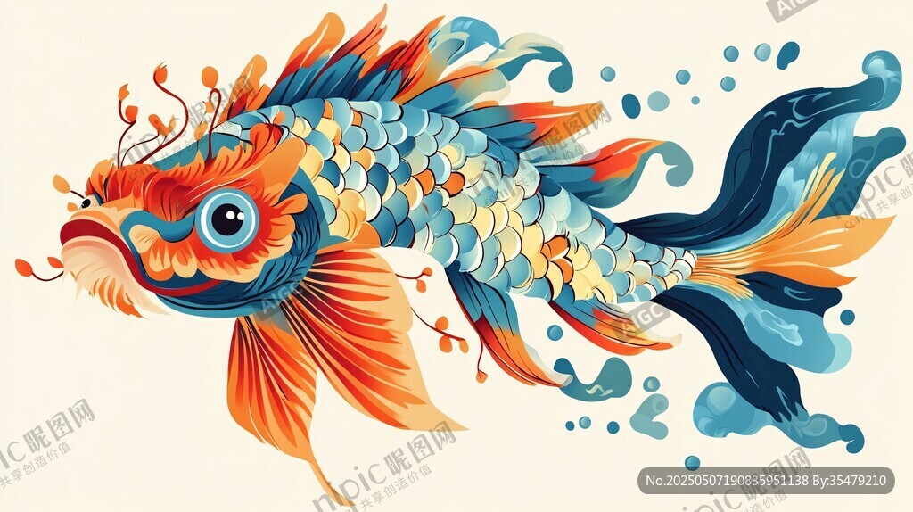 国潮风彩色锦鲤插画