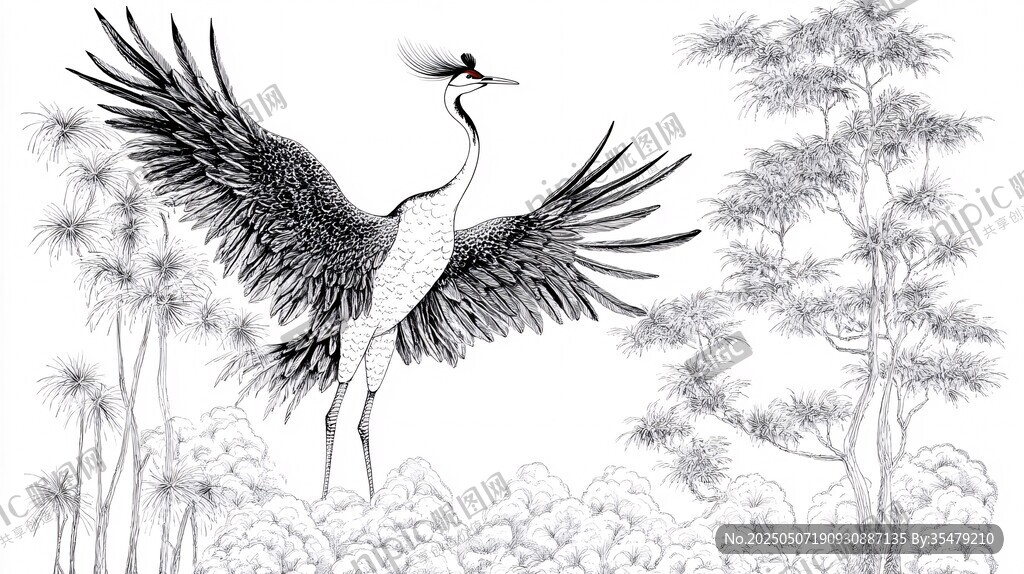 丹顶鹤展翅于松间美景