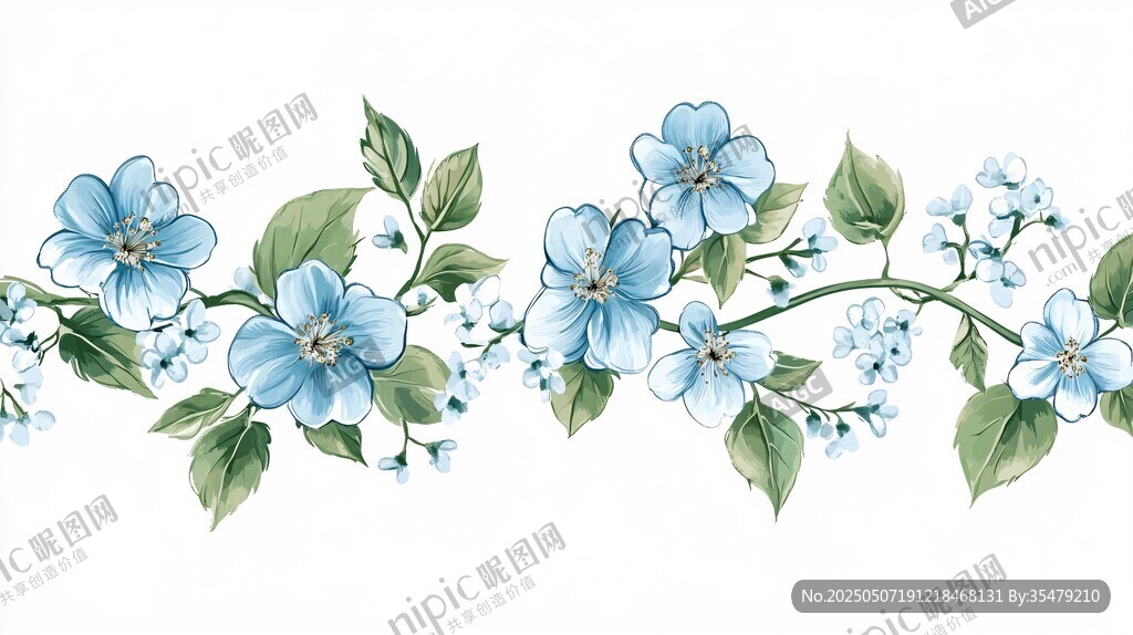 蓝色花卉绿叶装饰图案