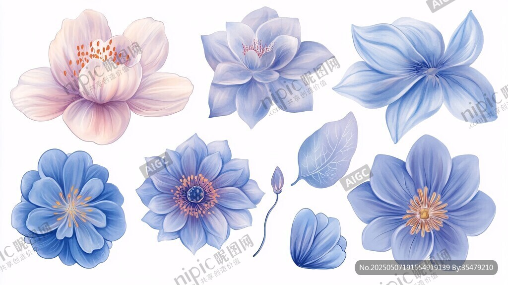 清新蓝粉花卉插画素材