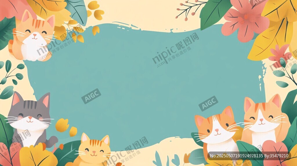萌猫花卉边框插画背景图