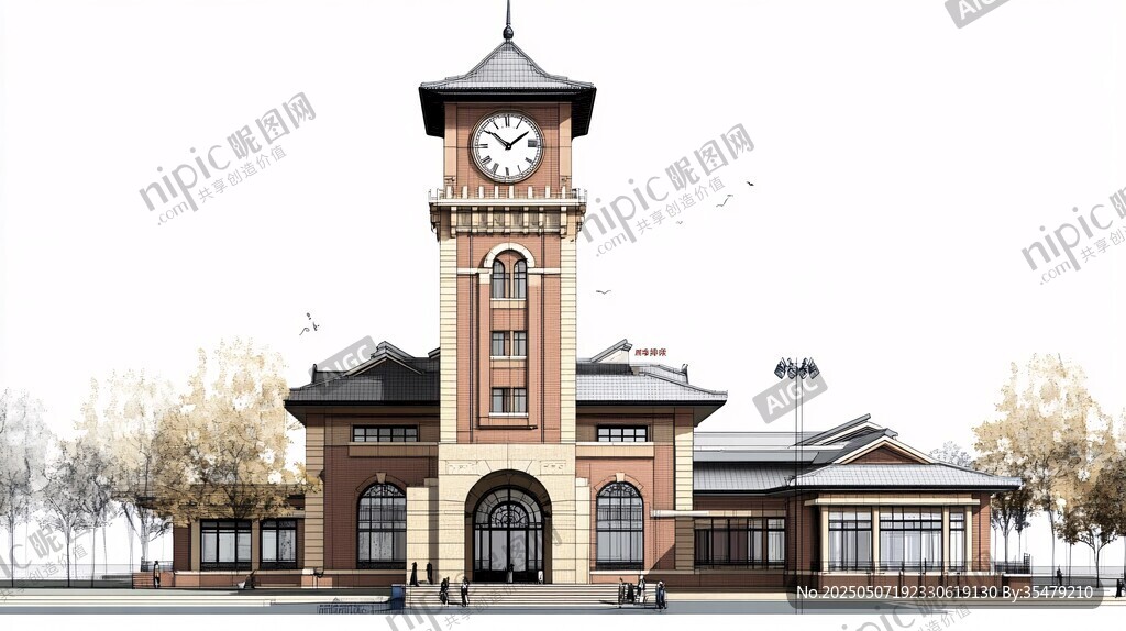 复古钟楼火车站建筑外观