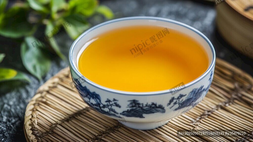 青花瓷杯中的金黄茶汤