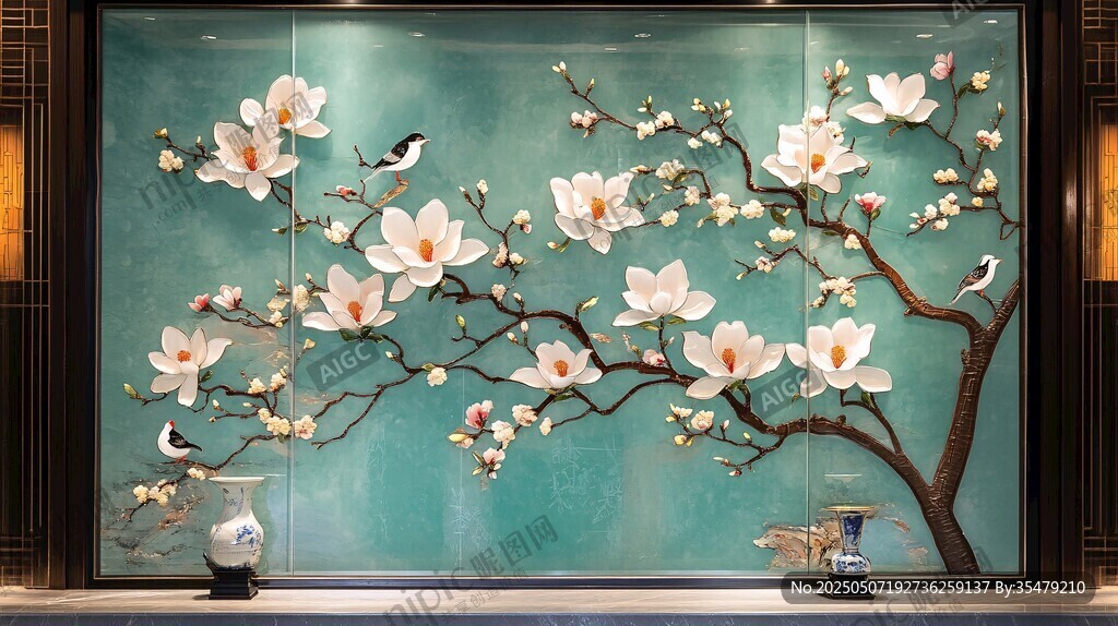 中式玉兰花鸟背景墙装饰