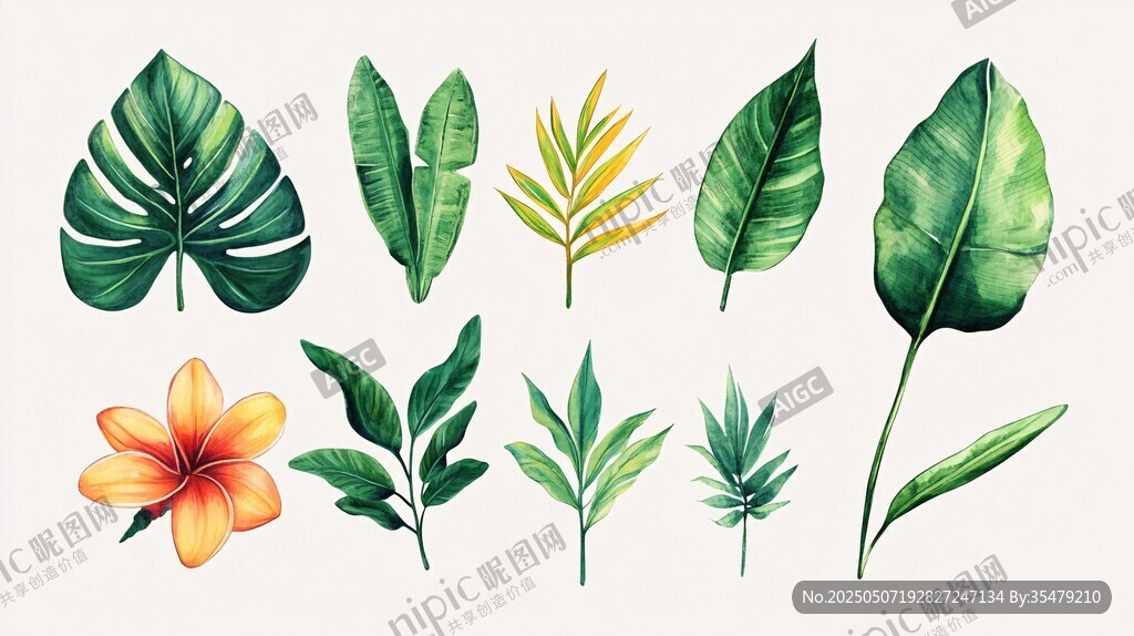 热带植物花卉水彩插画