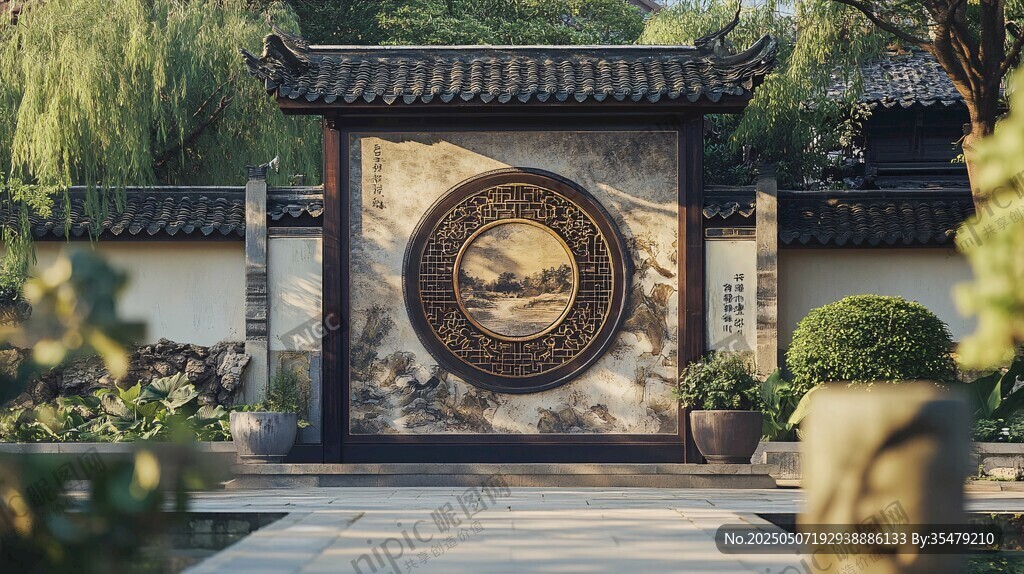 中式古典庭院照壁景观