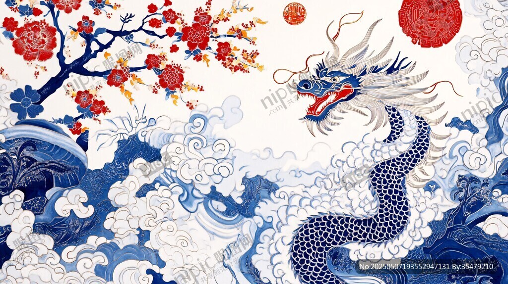 祥龙戏浪映红梅