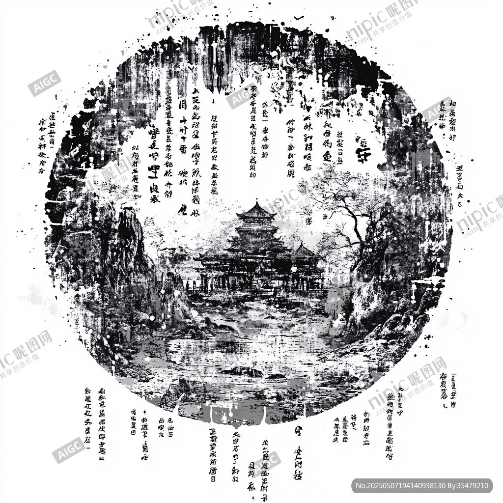 中式古风圆景山水建筑图