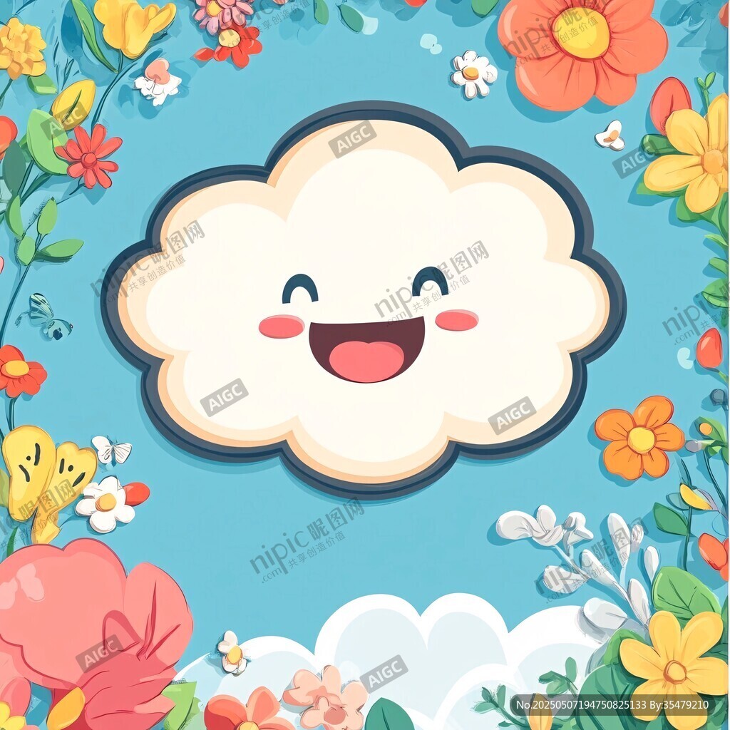 微笑云朵与缤纷花朵插画