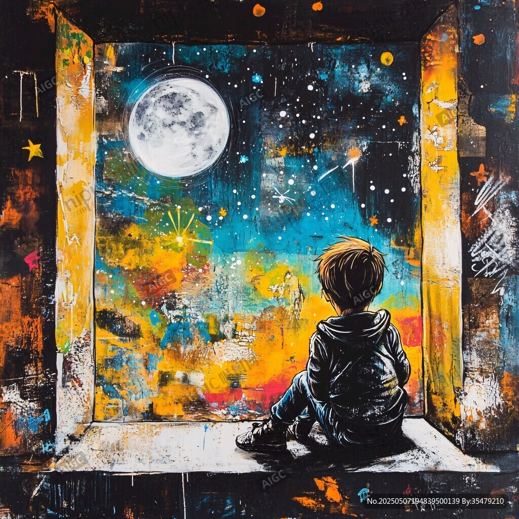 男孩凝望月夜星空的画作