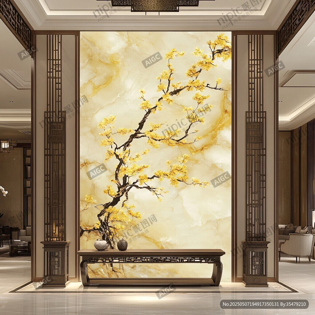 中式玄关 金梅玉石背景墙