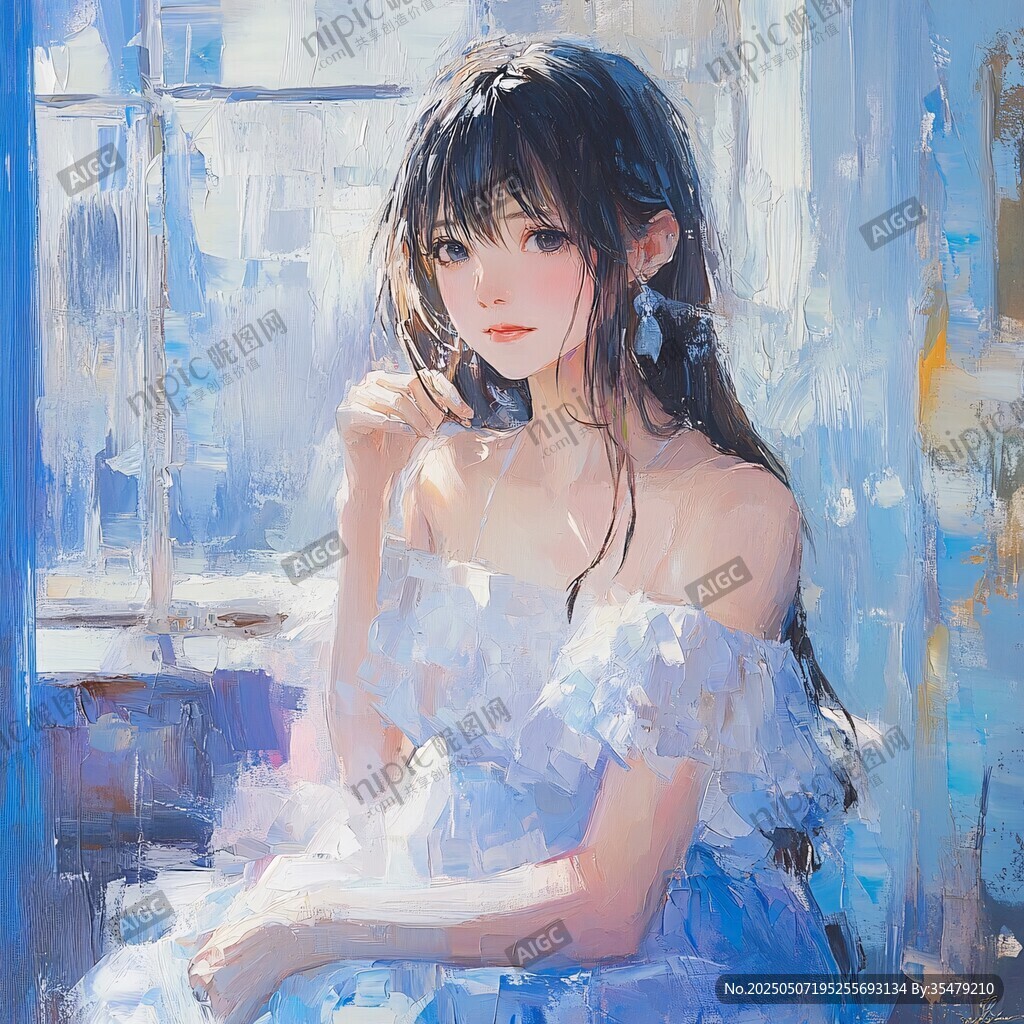 窗边蓝裙少女的静谧时光