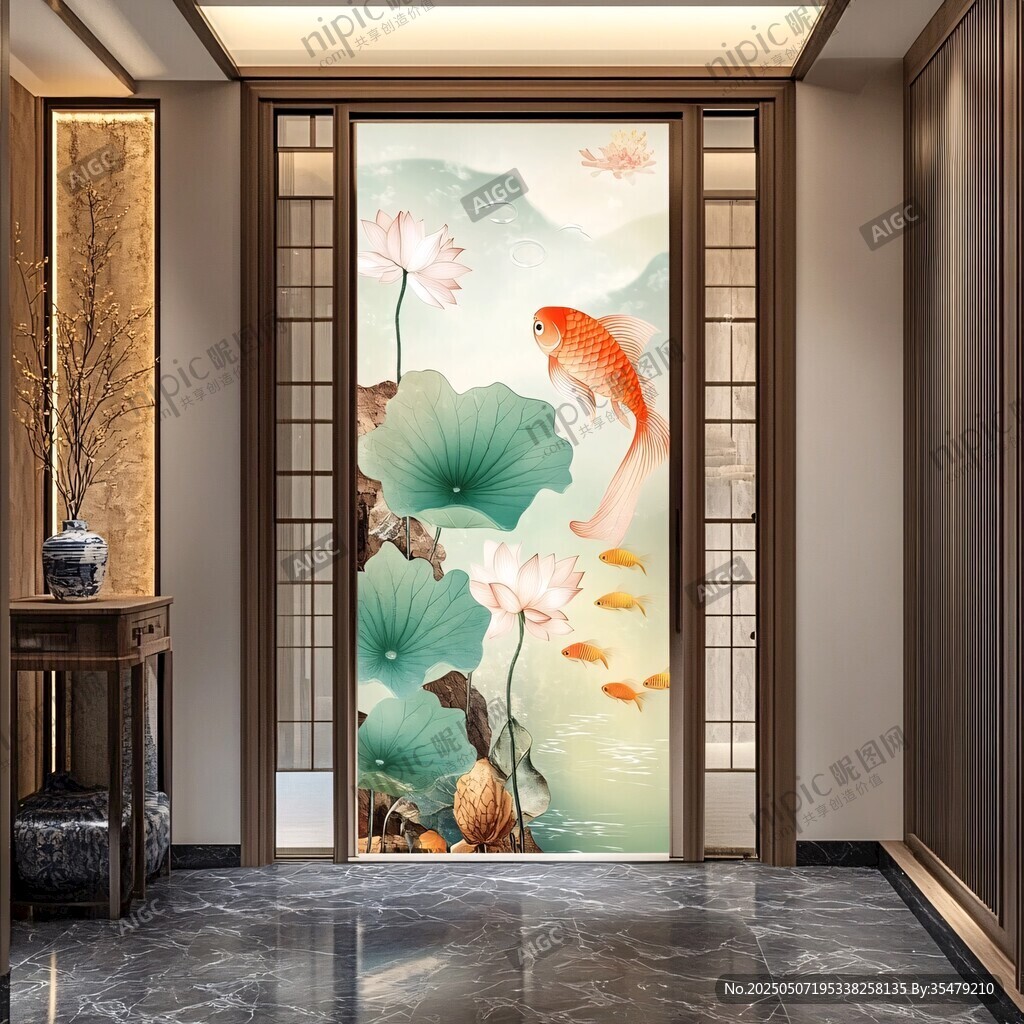 中式玄关荷花锦鲤装饰画