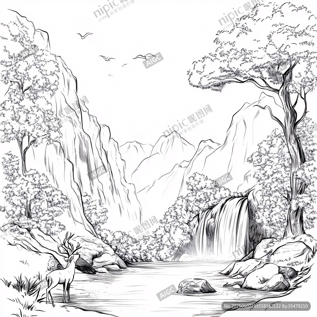 山间溪流旁的鹿与瀑布美景