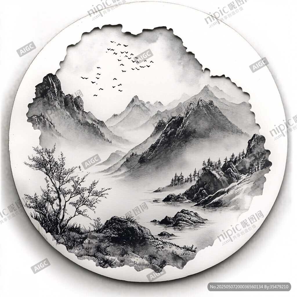 圆形水墨山水意境图