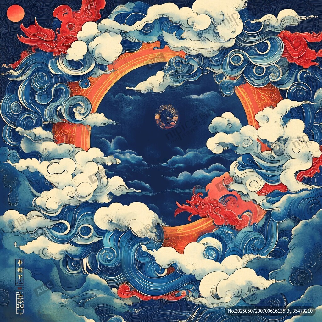 中式奇幻云海蛟龙月夜图