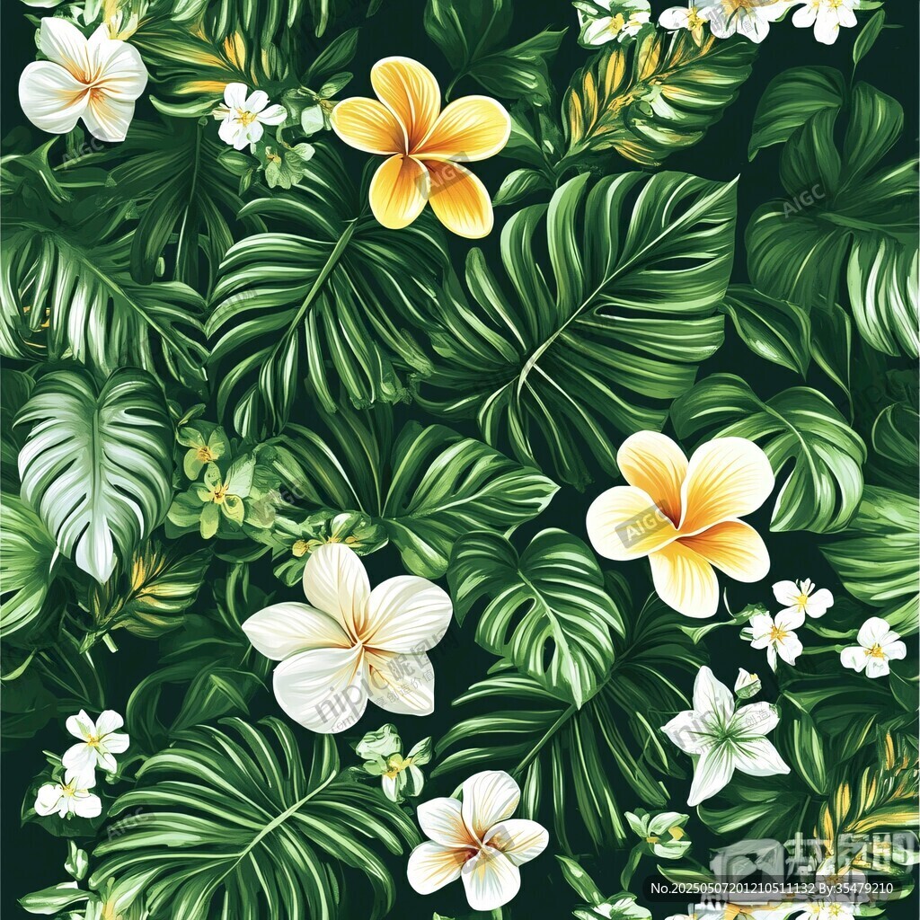 热带花卉绿叶无缝图案