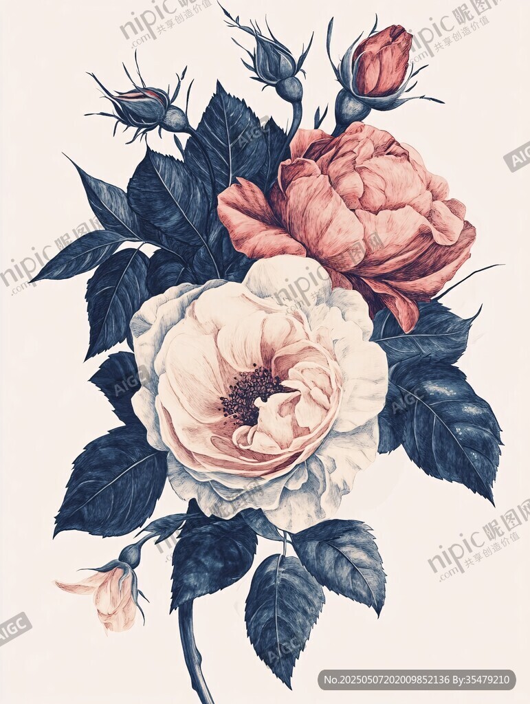 复古风玫瑰花卉插画